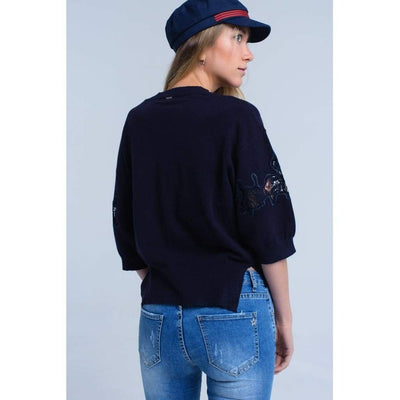 Navy Jersey with Embroidery Detail - Miraposa