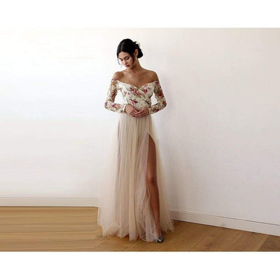 Off-Shoulder Floral Tulle Dress With A Slit - Miraposa