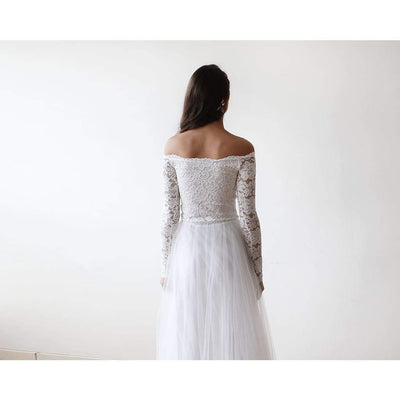 Off-The-Shoulder Ivory Lace and Tulle Wedding Dress - Miraposa