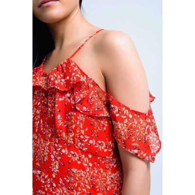 Red Dress with Printed Flowers and Ruffles - Miraposa