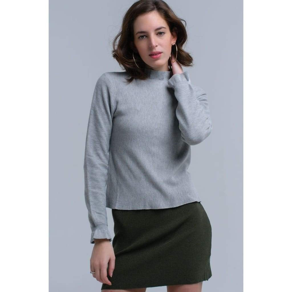 Ribbed Sweater with Ruffle in Gray