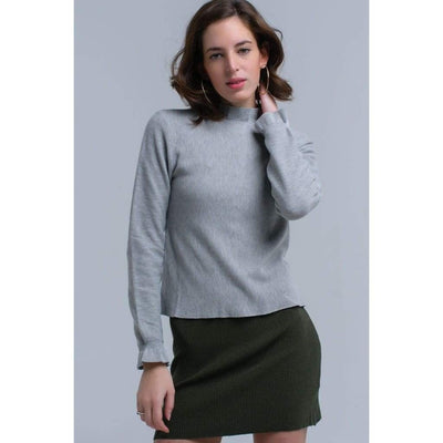 Ribbed Sweater with Ruffle in Gray - Miraposa