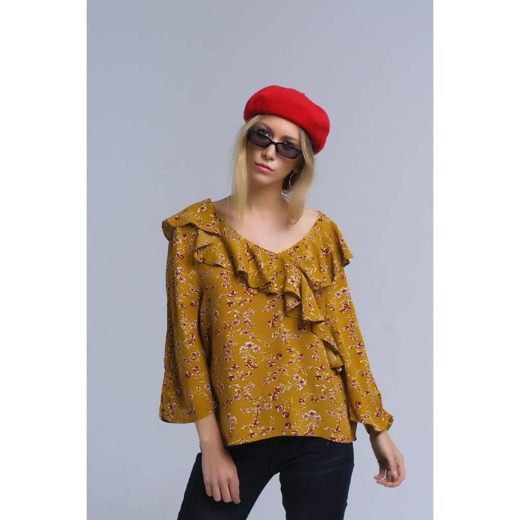 Shirt with Crossed Ruffles in Mustard
