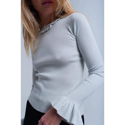 Silver Shiny Sweater with Ruffle - Miraposa