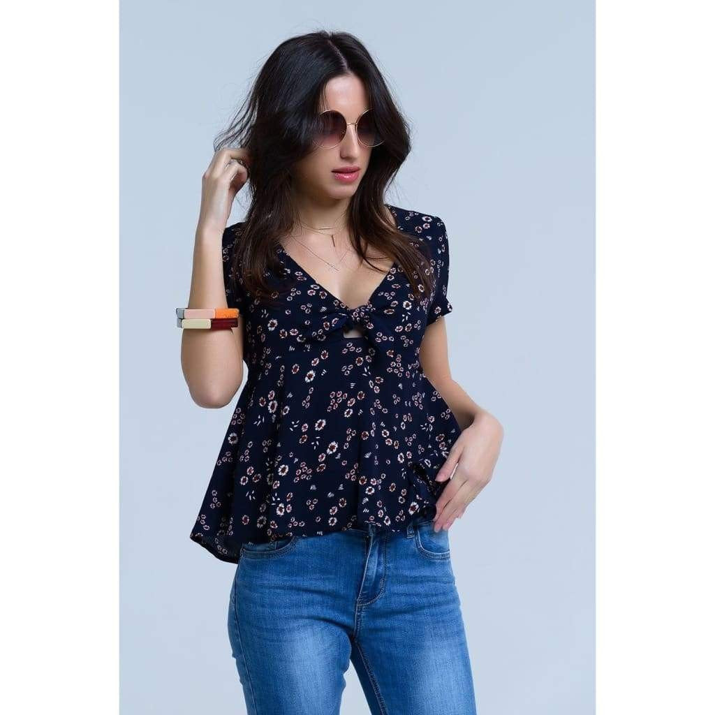 Navy Floral Bow Top